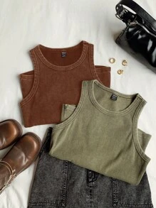 Comfortcana 女士休闲基本款棉质针织短款上衣和下装套装，双色，适合夏季