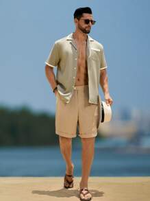 Manfinity RSRT Men's Casual Button Closure Contrast Color Woven Shirt For Holiday - Coffee Brown - View 3