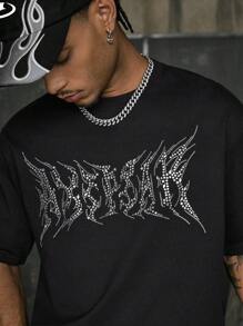 AXEPEAK 男士夏季水钻字母装饰圆领短袖休闲 T 恤，情绪摇滚，街头服饰 - 黑色 - 查看 6