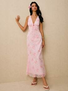 Poéselle Women's Dresses Net Embroidery Dress Pink Dress Romantic Vacation Tea Dress Vest Dress Women's Floral Embroidery Deep V-Neck Sleeveless Dress With Waist Tie Y2k Clothes Country Concert Outfit Old Money Streetwear Going Out Outfits Beach Vacation Outfits Party Outfit - Pink - View 8