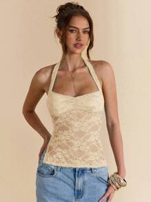 SHEIN BAE Women Solid Spaghetti Strap V-Neck Stretch Sexy Cute Lace Open Back Cami Top, Casual Summer For Concerts, Streetwear, Rave