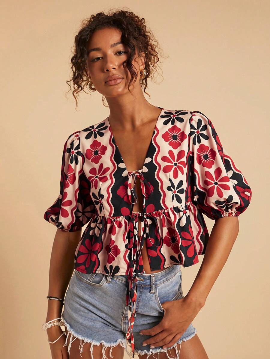 Travachic Women's Red Floral Print Ruffle Cap Sleeve Tie Front Blouse,Boho Summer Vacation Holiday Cute Tops,Casual Fall Shirts For Women - Red and Black - View 1
