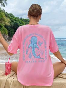 INAWLY 女士鲸鱼标语撞色宽松圆领 T 恤 - 粉色 - 查看 3
