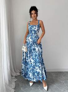 SHEIN Clasi Women's Floral Print Maxi Tank Dress For Summer - Blue and White - View 5
