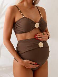 SHEIN Damen eleganter Urlaubs-Metallic-Muschel-Perlen-Halter Bikini mit hoher Taille und Bauchkontrolle in Braun