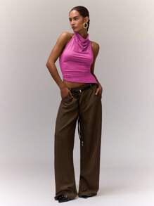 MUSERA Draped Halter-Neck Top Romantic Festival Holiday Western Night Out Going Out Tops Club - Hot Pink - View 4