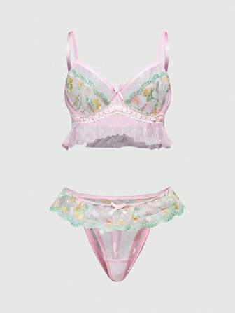 Kawaii Ensemble de lingerie romantique avec broderie florale et patchwork à pois pour femmes, pour l'été