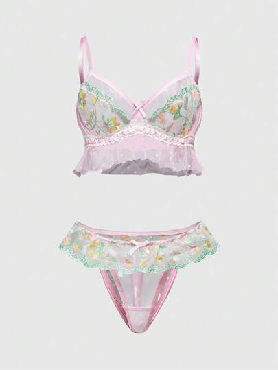 Kawaii Romantic Floral Embroidery & Polka Dot Patchwork Bowknot Sexy Lingerie Set For Women, Summer