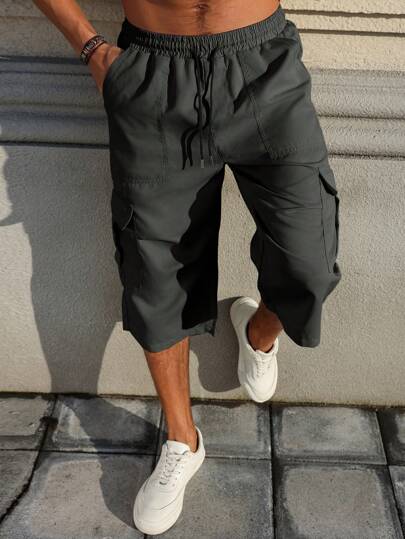 Manfinity Homme Men's Solid Color Drawstring Waist Loose Casual Utility Capri Pants Men Cargo Shorts Men Drawstring Shorts Men Casual Shorts