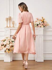 Ellevyn 优雅女士褶饰腰带喇叭下摆开衩中长连衣裙，奢华感适合社交场合 - 藕粉色 - 查看 3