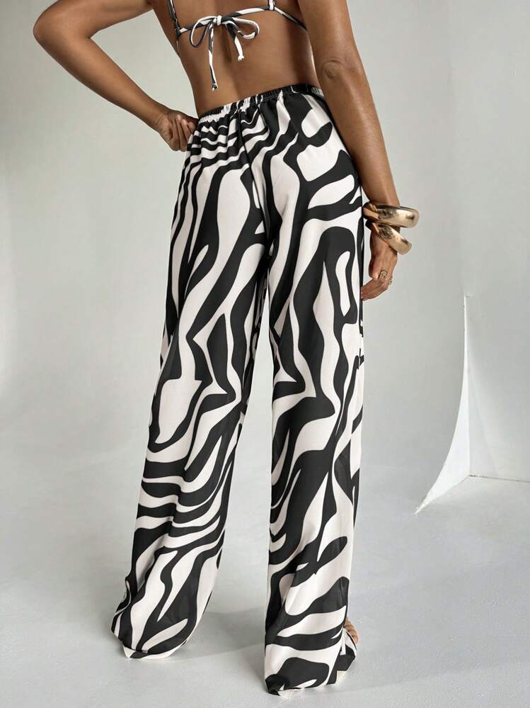 Aloruh Calça Pantalona de Cobertura de Praia de Cintura Baixa com Estampa de Zebra, Comprimento Total, Férias Femininas, Country Concert - Preto e Branco - Visão 2