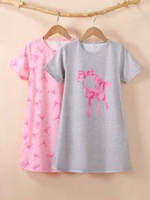 4pcs/Pack Tween Girls Minimalist Butterfly Print Round Neck Short Sleeve Long Nightgown Loungewear, Black And Pink Clothes For Girls 10,Children's Girls' Pajamas,Back To School - Multicolor - View 3