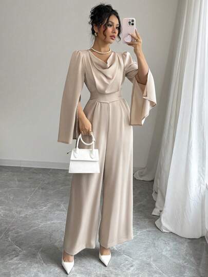 Elenzga Women's Elegant Draped Neck Cinched Waist Satin Jumpsuit Fall Cloth For Women