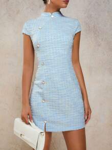 COSMINA Women Summer Elegant Tweed Mini Dress - Blue and White - View 4