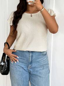 SHEIN Frenchy Plus Size Women's Crew Neck Ruffle Textured Fabric Casual T-Shirt With Bowknot Decor At Back, Summer - Apricot - View 4