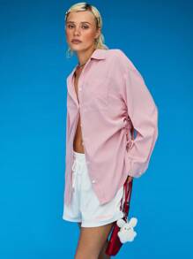 COUREZ Top Oversized com Franzido Lateral de Manga Longa / Tops de Verão Sumner para Mulheres Tops de Verão Fofos Y2K Vintage - Vermelho e Branco - Visão 5