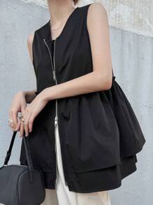 FRIFUL 女式 V 领无袖拉链拼接荷叶边下摆休闲宽松百搭背心，秋季