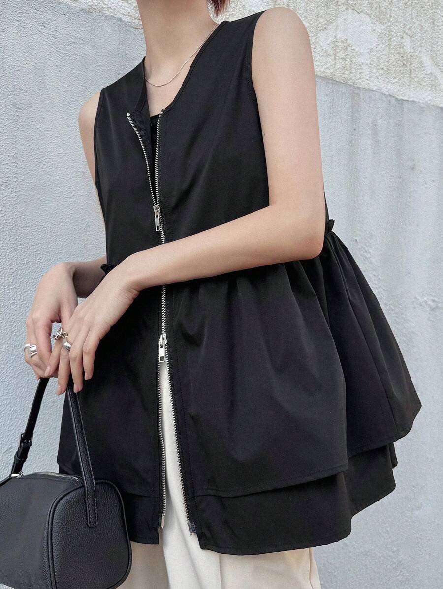 FRIFUL 女式 V 领无袖拉链拼接荷叶边下摆休闲宽松百搭背心，秋季