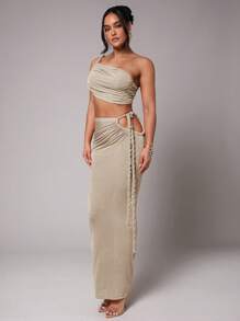 Silquee Women's Solid Color Ruched Cropped Top, Suitable For Commuting, Daily Wear, Vacation, Spring Break, Beach, Night Out, Girls' Gathering, Beach Party, Pool Party, Dressy Tops One Shoulder Tops, Going Out - Apricot - View 6