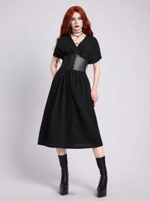 ROMWE Grunge Punk Gaun Kasual Wanita Warna Polos Lengan Kelelawar, Musim Panas - Hitam - View 6