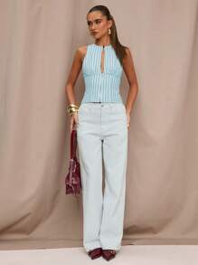 SHEIN BAE 极简条纹拉链装饰镂空背心，适合时尚外出、海滩度假、意大利假期、外出、游轮、早午餐、伊比沙岛、夏季上衣 - 淺藍色 - 查看 3