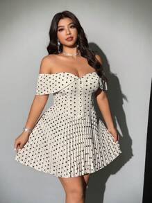 Viva Relle Plus Size Women Elegant Romantic Off-Shoulder Polka Dot Pleated Mini Dress - Multicolor - View 5