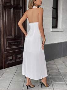 INAWLY Vestido midi feminino sem mangas plissado de cor sólida, decote halter casual - Branco - Ver 6