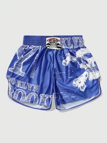 ROMWE MEN Prep Quần đùi đấm bốc cạp chun họa tiết đầu lâu và chữ cái thường ngày cho nam, mùa hè - Nhiều màu - Xem 1