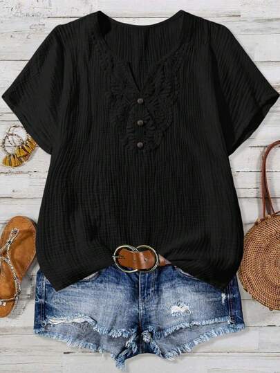 Linhara 大码休闲纯色翻领衬衫