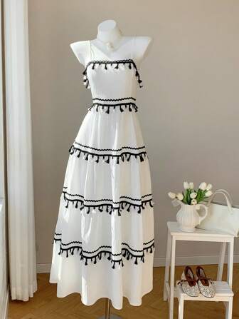 Comfortcana 女式流苏装饰细肩带连衣裙