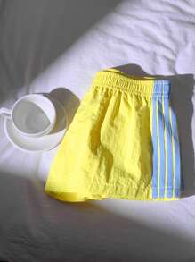 Comfortcana 女士黄色侧条纹松紧腰宽松休闲短裤，夏季