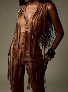 MISSGUIDED 系带短款套装西部节日沙漠装搭配流苏马甲波西米亚秋冬绒面革两件套 - 棕色 - 查看 4