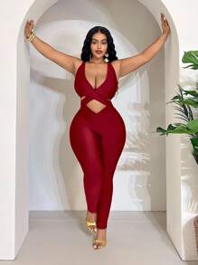 Maweii Christmas Plus Size Women'sSolid Color Cross Front Sexy Jumpsuit - Red - View 1