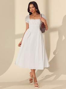 Chiquease Women Rectangular Neck Short Puff Sleeve Raglan Sleeve Belted Waist Flared Long Dress - White - View 6