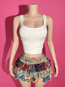 Slaydiva 2025夏季新款休闲度假风U型白色短款修身背心+短款蛋糕荷叶边印花裙女两件套西装，音乐节，复活节，波西米亚风，西部游牧风，辣妹风，海滩度假，海边，婚礼宾客服装，毕业派对，日常出游，派对聚会-B - 彩色 - 查看 8