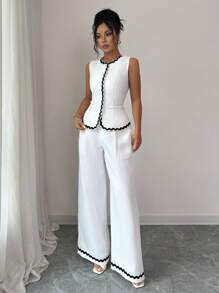 Franclia Women's French Elegant Round Neck Sleeveless Vest With Exquisite Pearl Buttons, White Color Block Wide Leg Pants, Spring/Autumn Outfit - White - View 4