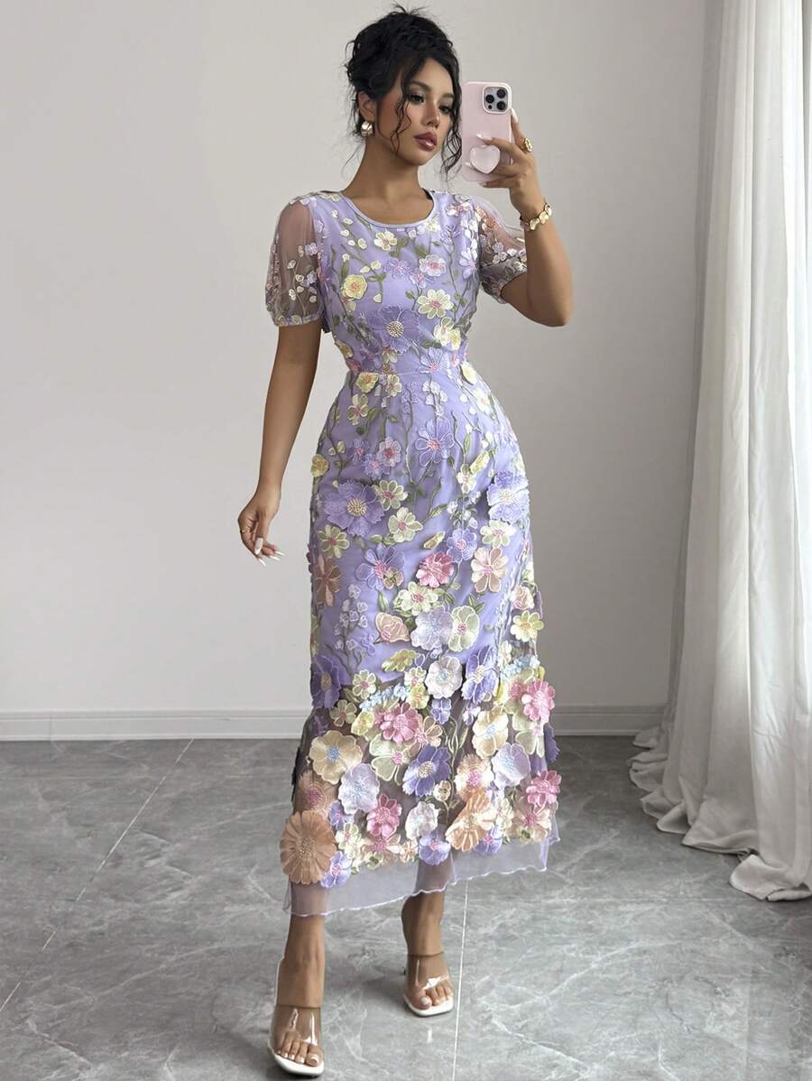 Selianne Váy chữ A thêu hoa thanh lịch cho nữ size chuẩn - Màu tím hoa cà - Xem 1