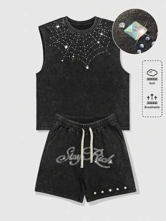 Street Life Men's Casual Washed Rhinestone Decor Tank Top & Shorts Set (Rhinestone Design Random)