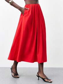 Maija Nouvelle jupe évasée plissée rouge 2025 pour femmes avec rassemblement à la taille, poches latérales, élégante et chic pour le travail, les fêtes, la plage, les festivals de musique, les brunchs, le bureau, la remise des diplômes, la Saint-Jean - Rouge - Voir 1