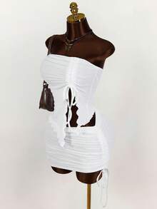 Amplova Drawstring Front Tube Top & Bodycon Skirt Two Pieces - White - View 4