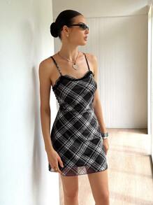 Rafferiza Women's Vintage Plaid Contrast Lace Slim Fit Short Strap Mini Dress, Summer
