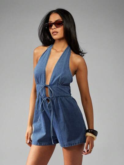 MISSGUIDED Denim Halter Neck Backless Romper With Tie FrontMISSGUIDED
