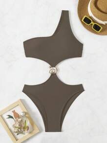 Swim Vcay Sexy Solid Color One-Shoulder Women's Hollow Waist Ring Decor One Piece Swimsuit For Summer Beach Vacation - Coffee Brown - View 3