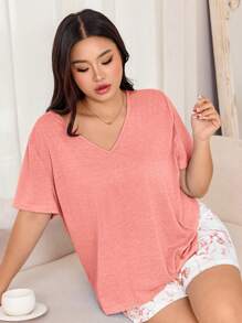 SHEIN 2 件套女士休闲宽松 V 领短袖上衣和花卉印花短裤大码睡衣套装大码睡衣短裤套装大码睡衣套装女士休闲短裤套装休闲服套装夏季舒适夏季套装女士服装 - 彩色 - 查看 4