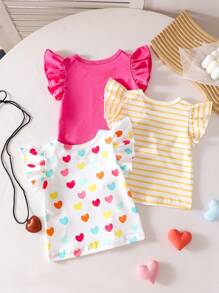 SHEIN Playful Pals 3 件套彩色心形条纹印花荷叶边下摆圆领套头 T 恤，柔软舒适，休闲可爱设计，适合春夏季 - 彩色 - 查看 2