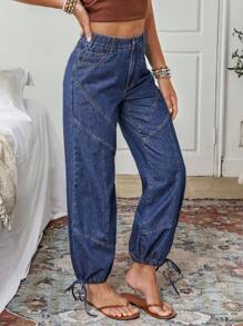 EMERY ROSE Jeans décontractés pour femmes avec cordon de serrage et ourlet - Bleu azur - Voir 6
