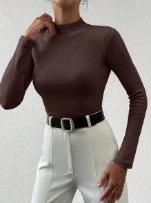 EURMUSE Women's Minimalist Solid Color Slim Fit Mock Neck Ribbed Knitted Sweater - Redwood - View 5
