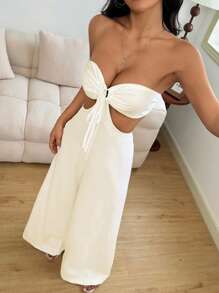 INAWLY 女士纯色性感露背吊带背心蕾丝镂空阔腿连体裤