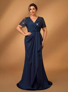 Serin Plus Size Elegant & Romantic Navy Luxury Sequin Splice Elastic Satin Sheer Short Sleeve Ruffle Hem Fishtail Skirt Formal Evening Gown, Bridal Mother Dress