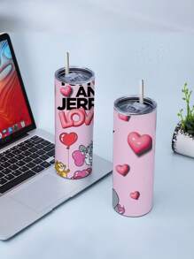 TOM & JERRY X SHEIN Taza divertida y linda con patrón de letras y dibujos animados, tapa de apertura a presión, capacidad grande de 20 onzas, ligera y portátil